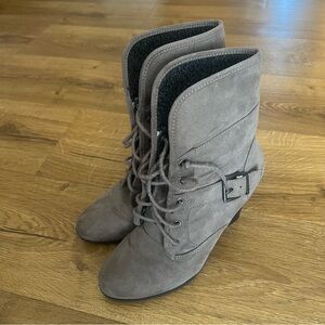 White Moubtain Gray Lace-Up Suede Ankle Boots with Buckle Detail